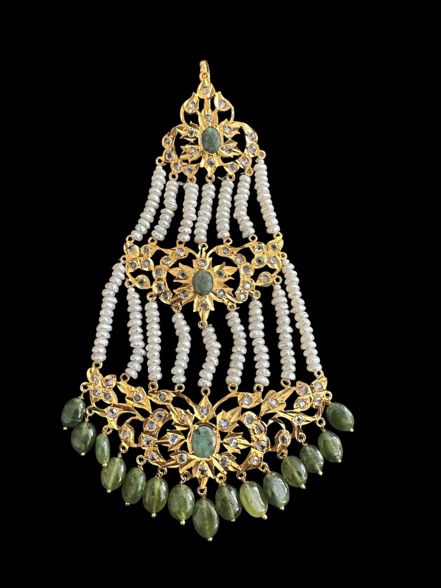 JTK11 Insha hyderabadi jhoomar tika in emeralds and fresh water pearls ( READY TO SHIP )