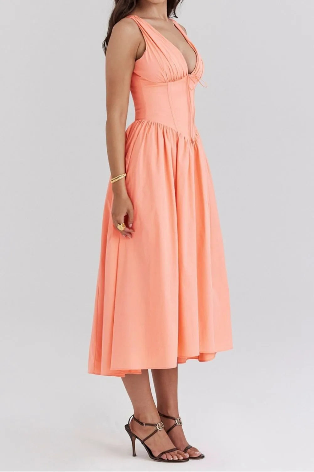 Ruched V-Neck Sleeveless Dress with Pockets