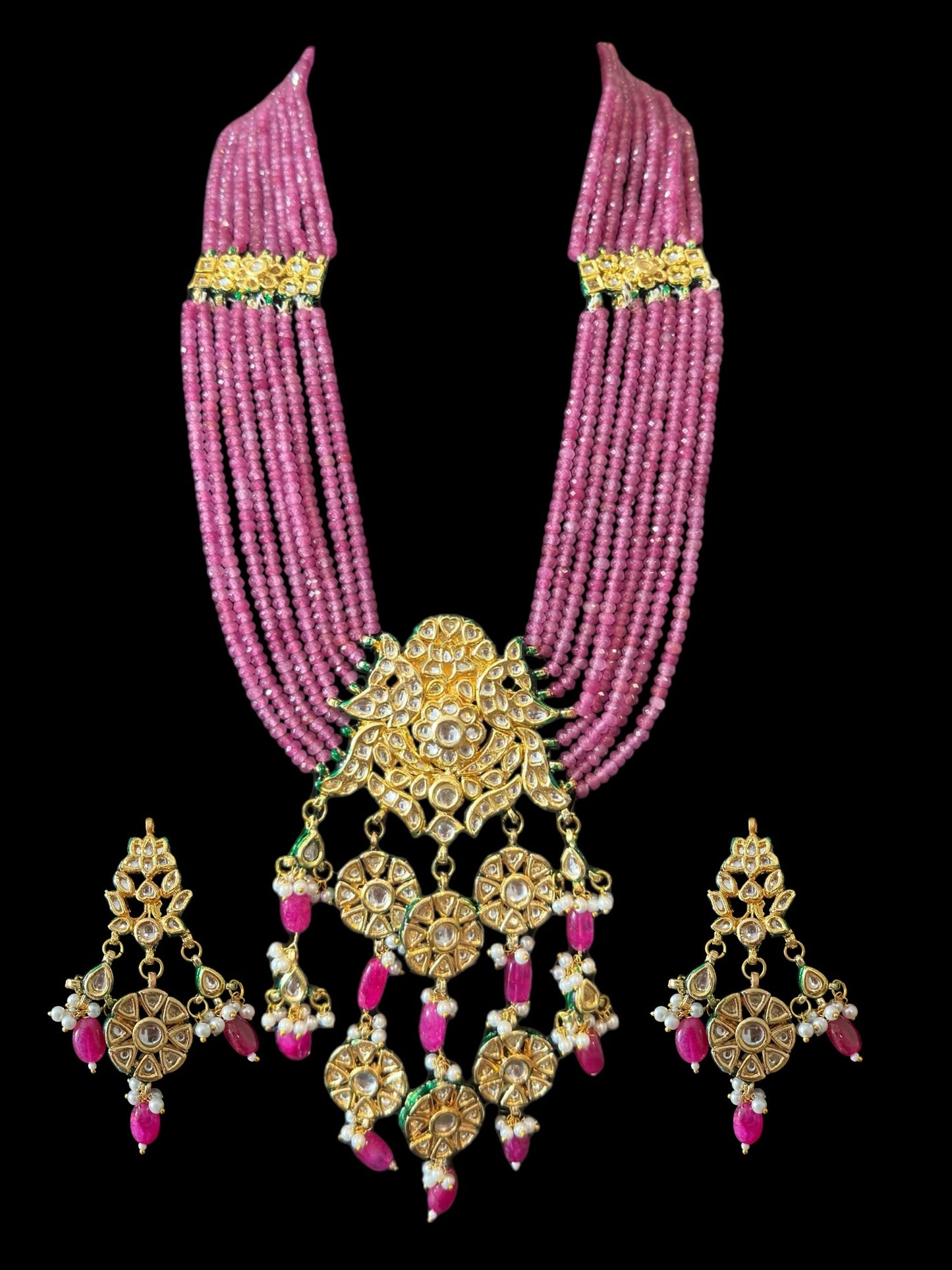 DLN104 Shahreen kundan rani haar in pink beads ( READY TO SHIP)