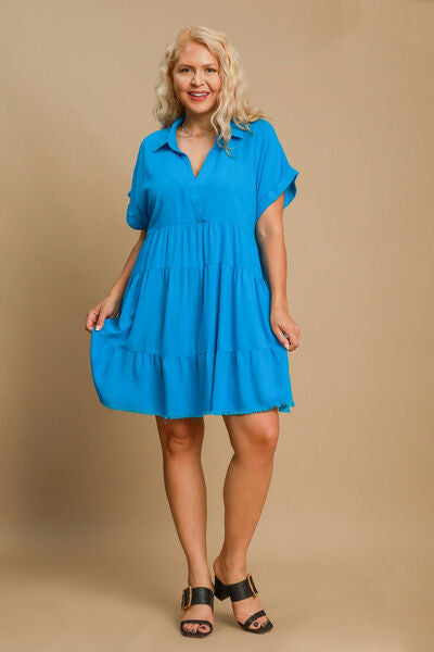 Umgee Full Size Raw Hem Folded Sleeve Tiered Dress Plus Size #2