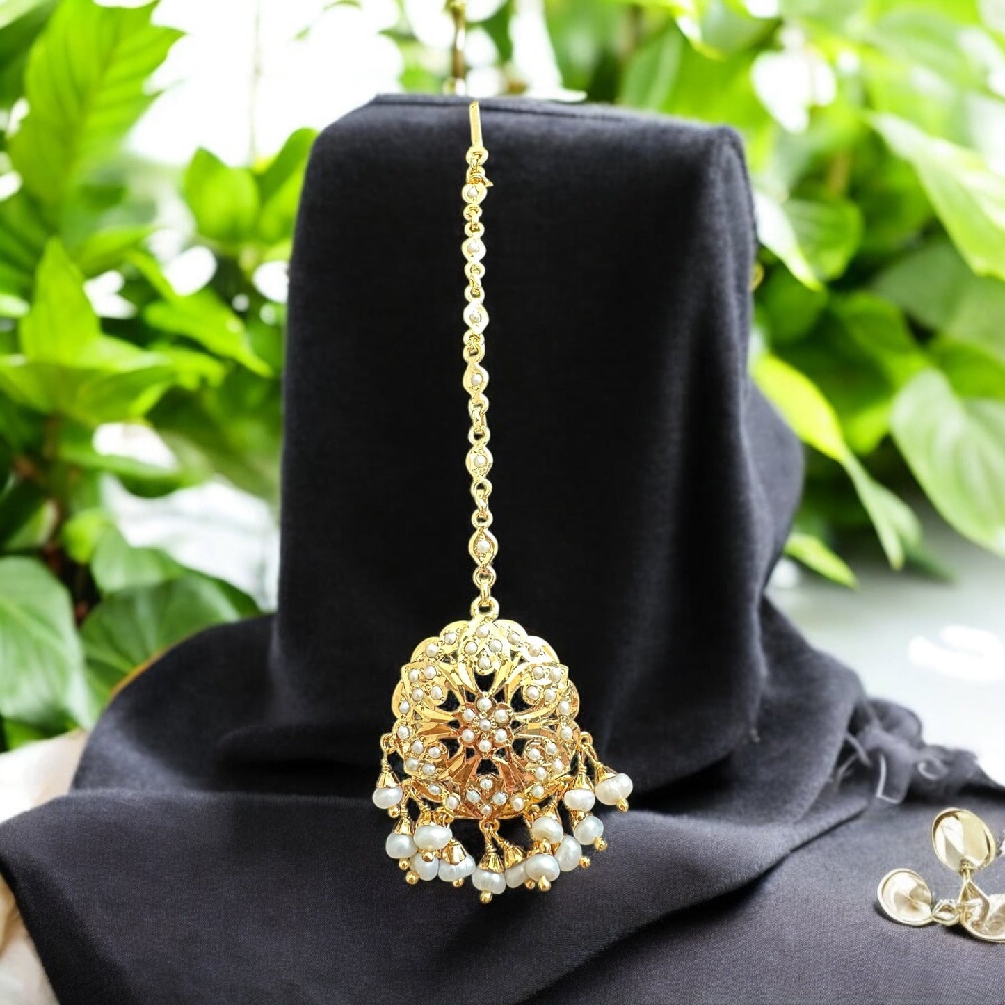 Gold plated silver tikka in fresh water pearls ( READY TO SHIP )
