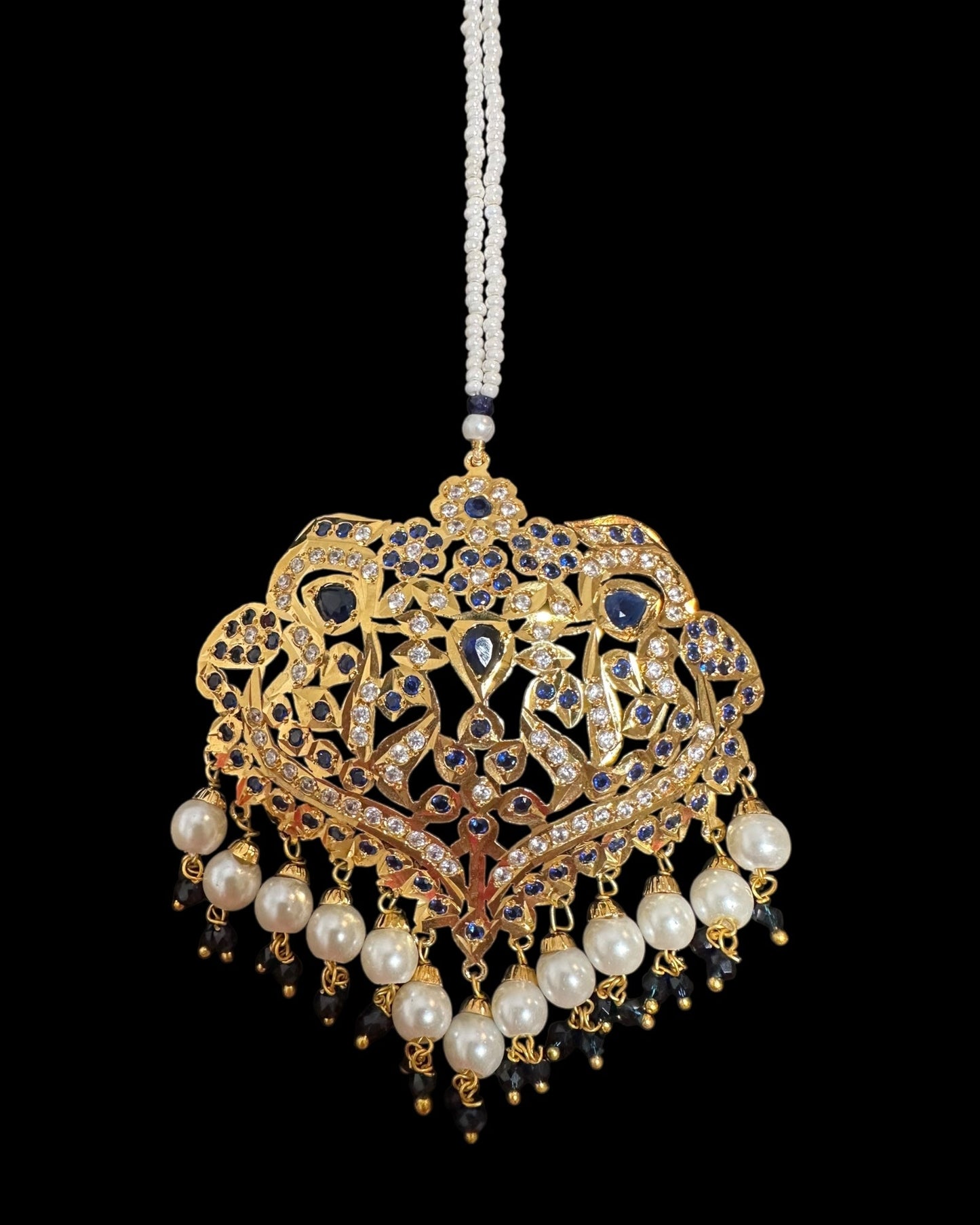 DNS204 Neeli jadau necklace with earrings tika in sapphire zircon(READY TO SHIP )