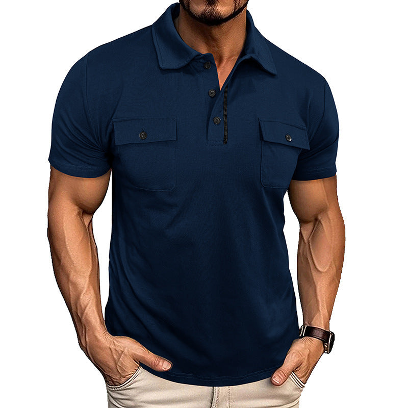 Lightweight Cotton Polo Shirt with Lapel Collar & Chest Pockets