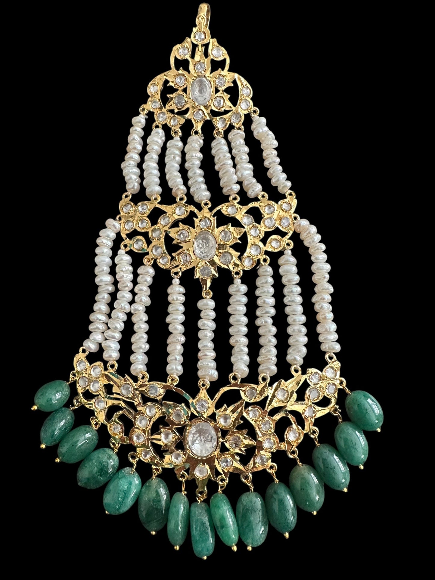 JTK19 Insha hyderabadi jhoomar tika in emeralds and fresh water pearls ( SHIPS IN 2 WEEKS )