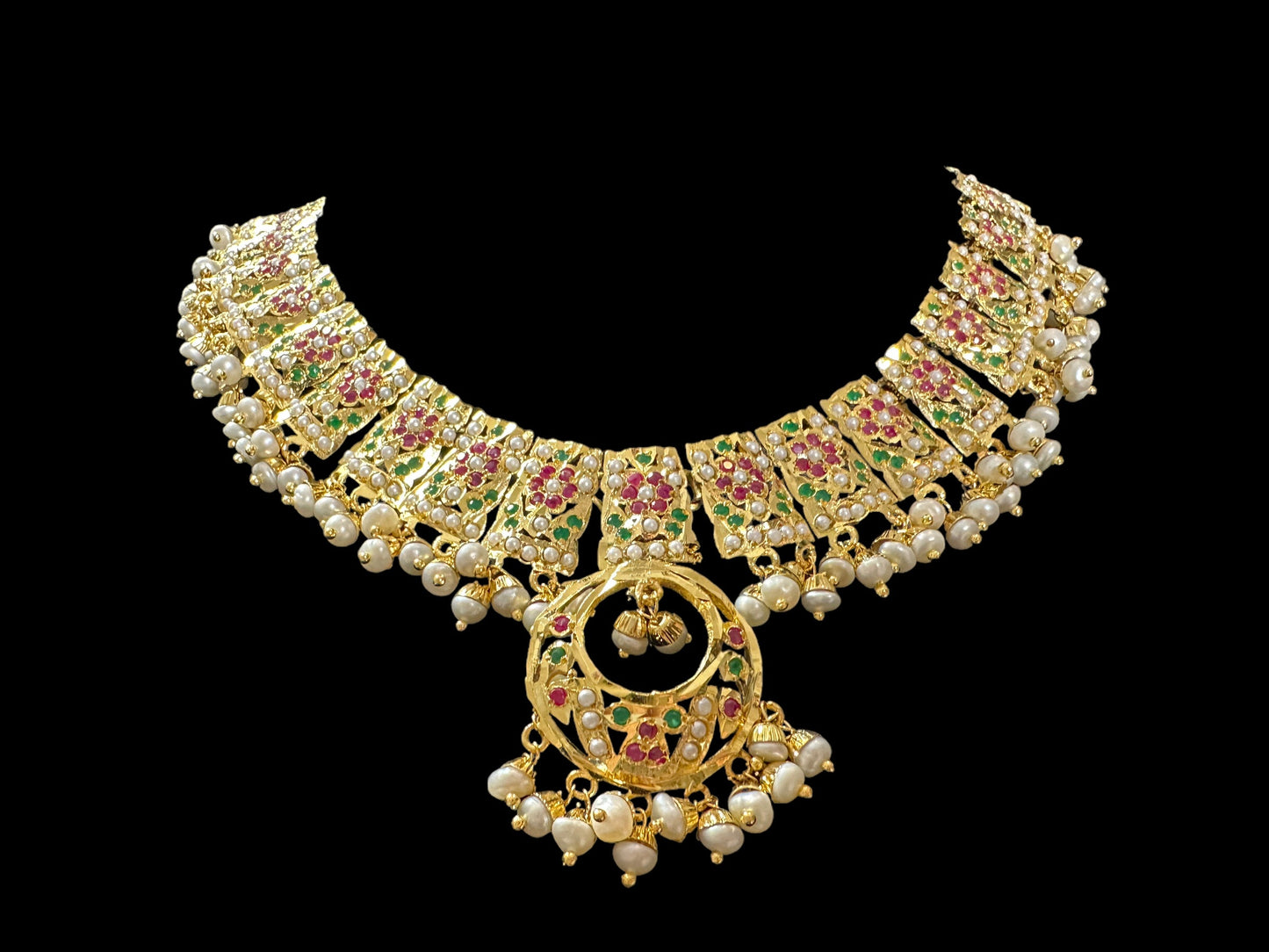 DNS119 jadau necklace in ruby emerald with fresh water pearls ( SHIPS IN 4 WEEKS )