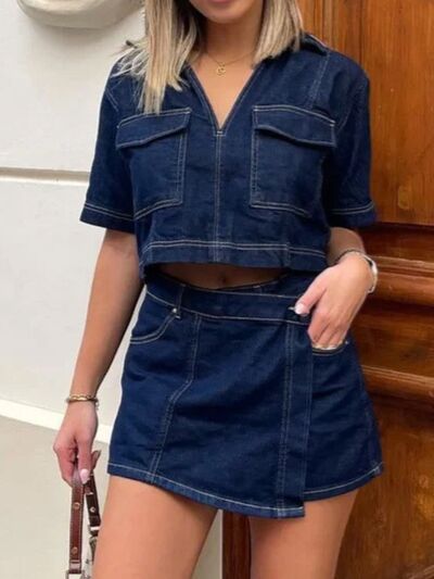 Johnny Collar Short Sleeve Top and Skort Denim Set