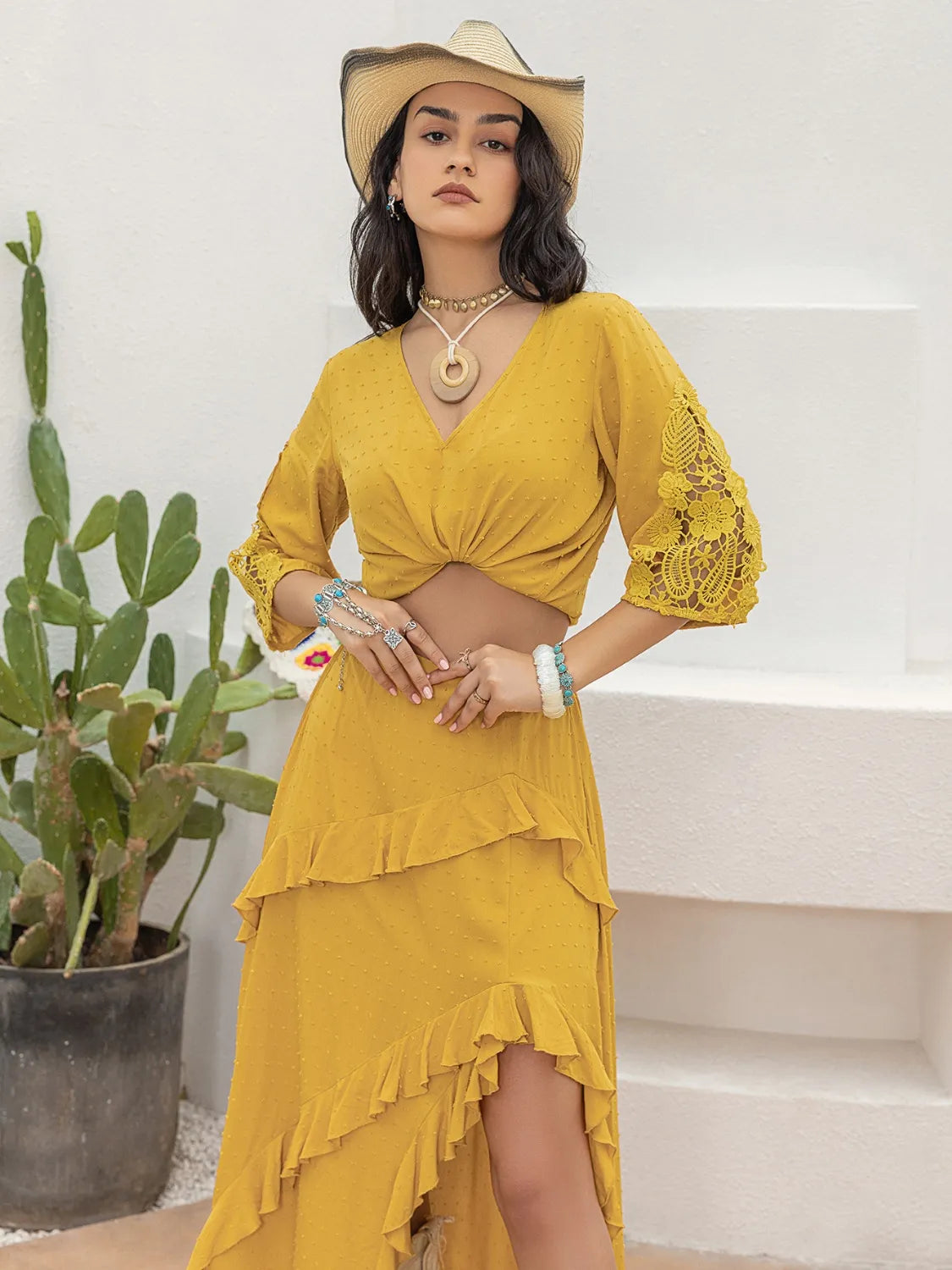 V-Neck Lace Three-Quarter Sleeve Top