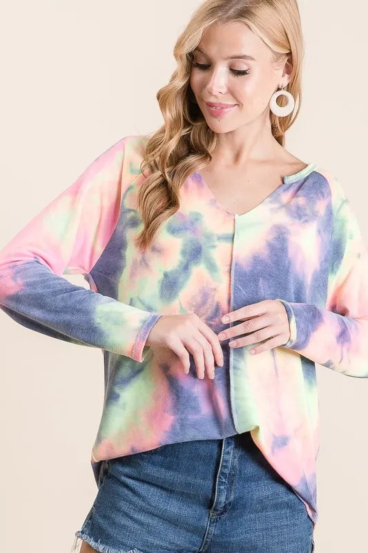 BiBi Tie Dye Terry Top with Contrast Stitching Detail