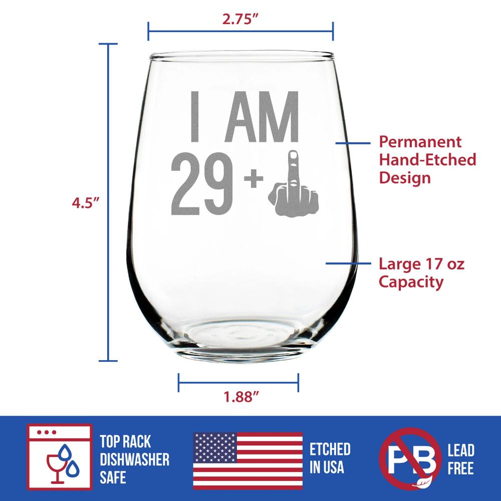 29 + 1 Middle Finger - 30th Birthday Stemless Wine Glass for Women & Men - Cute Funny Wine Gift Idea - Unique Personalized Bday Glasses for Best Friend Turning 30 - Drinking Party Decoration