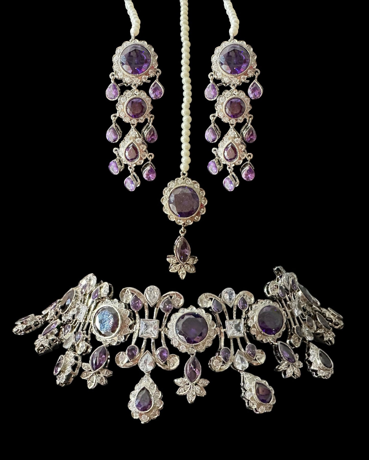BR321 High quality cz necklace set with tika - purple ( READY TO SHIP )