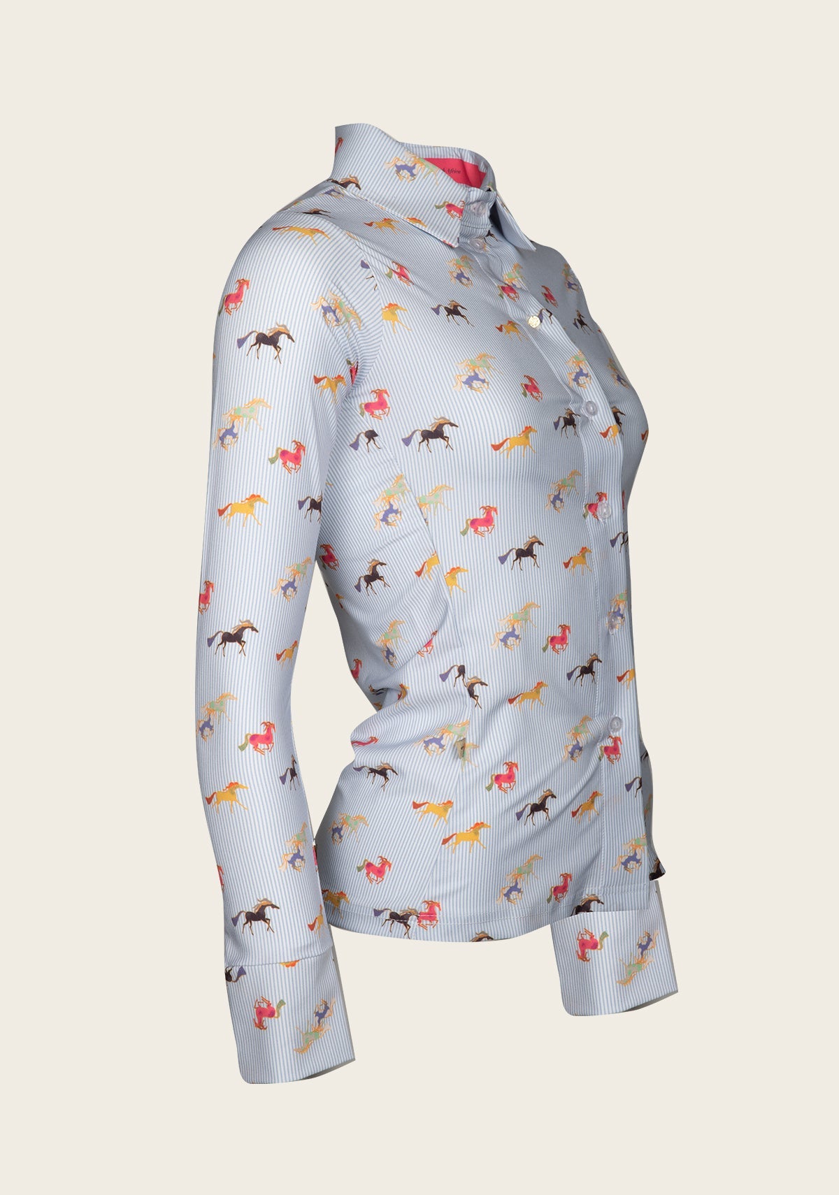 Espoir Colorful Running Horses on Blue Stripe Ladies Button Shirt