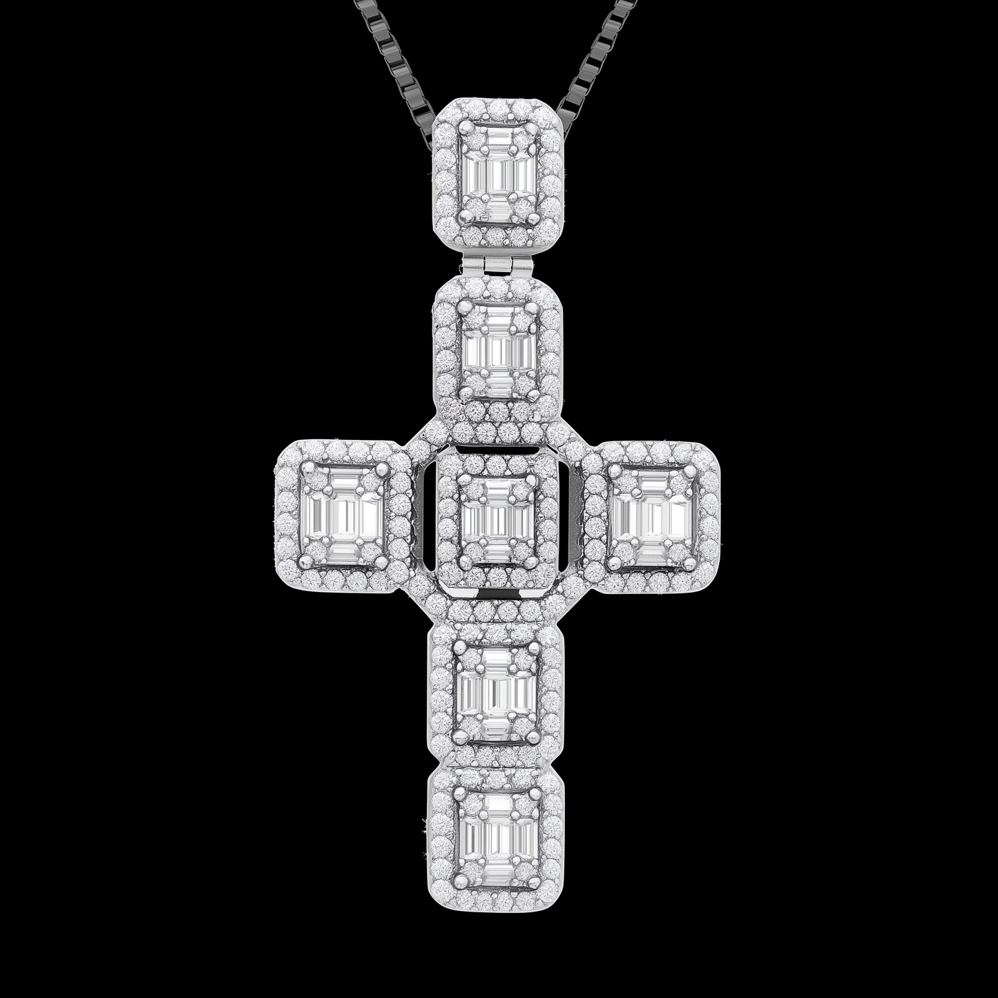 Men's 2" Large Baguette Cross Pendant CZ Solid Real 925 Sterling Silver