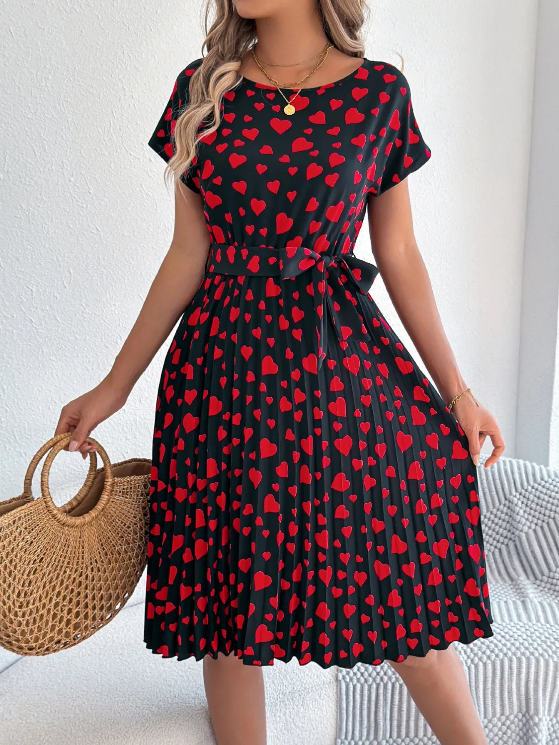 Heart Print Short Sleeve Tie Waist Dress