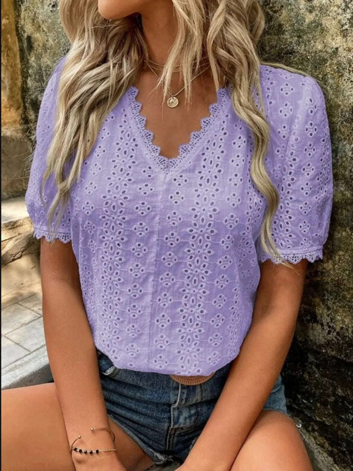 Full Size Eyelet V-Neck Short Sleeve Blouse Plus Size