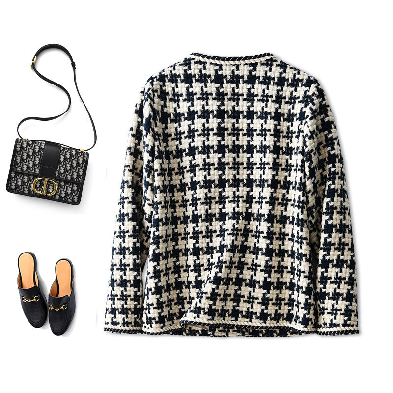 Navy Houndstooth Tweed Blazer Jacket - Round Neck Open Front
