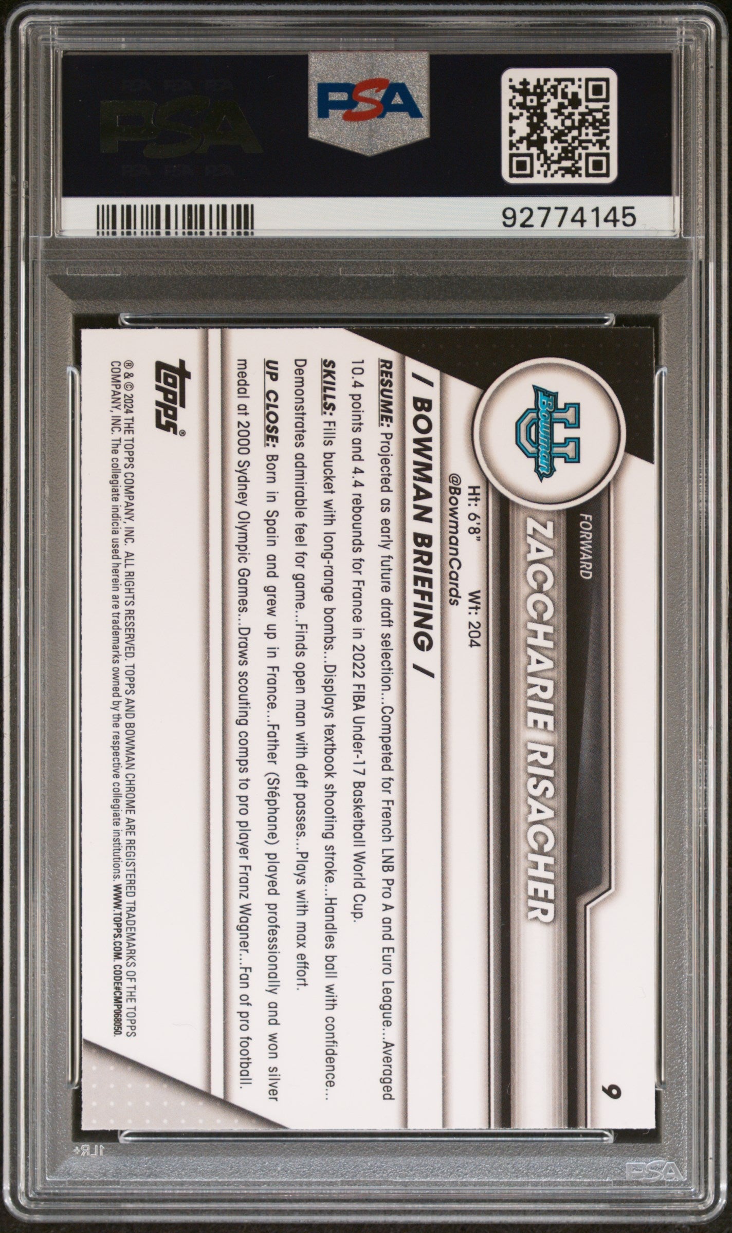 Graded 2023 Topps Bowman U Sapphire Zaccharie Risacher #9 Rookie RC Basketball Card PSA 10 Gem Mint
