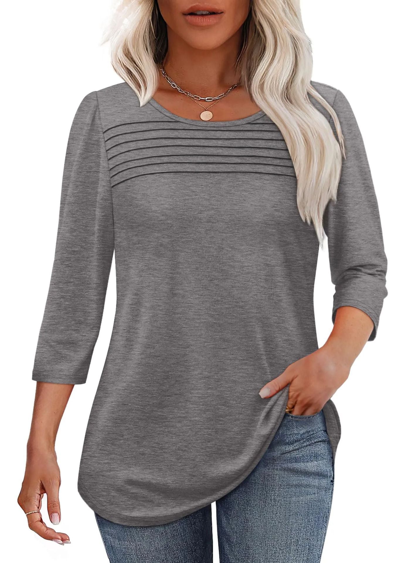Soft Pleated 3/4 Sleeve Top - Polyester Blend Round Neck Pullover
