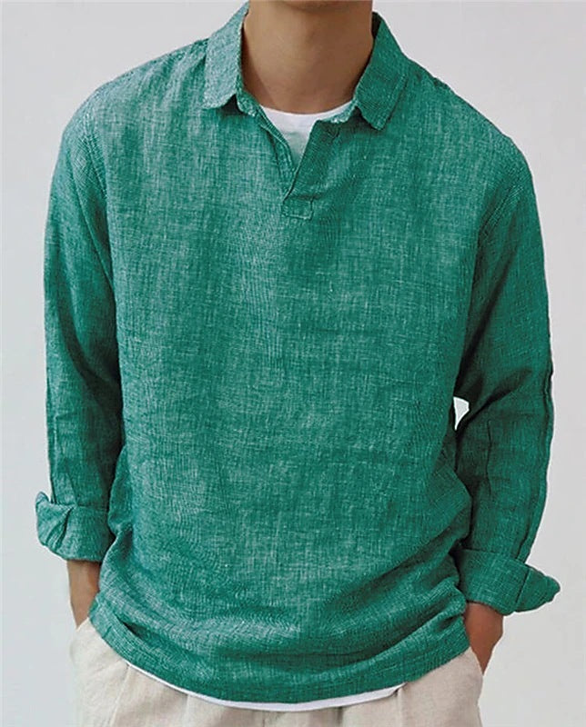 Men's Cotton Blend Retro Pullover Shirt - Long Sleeve Lapel