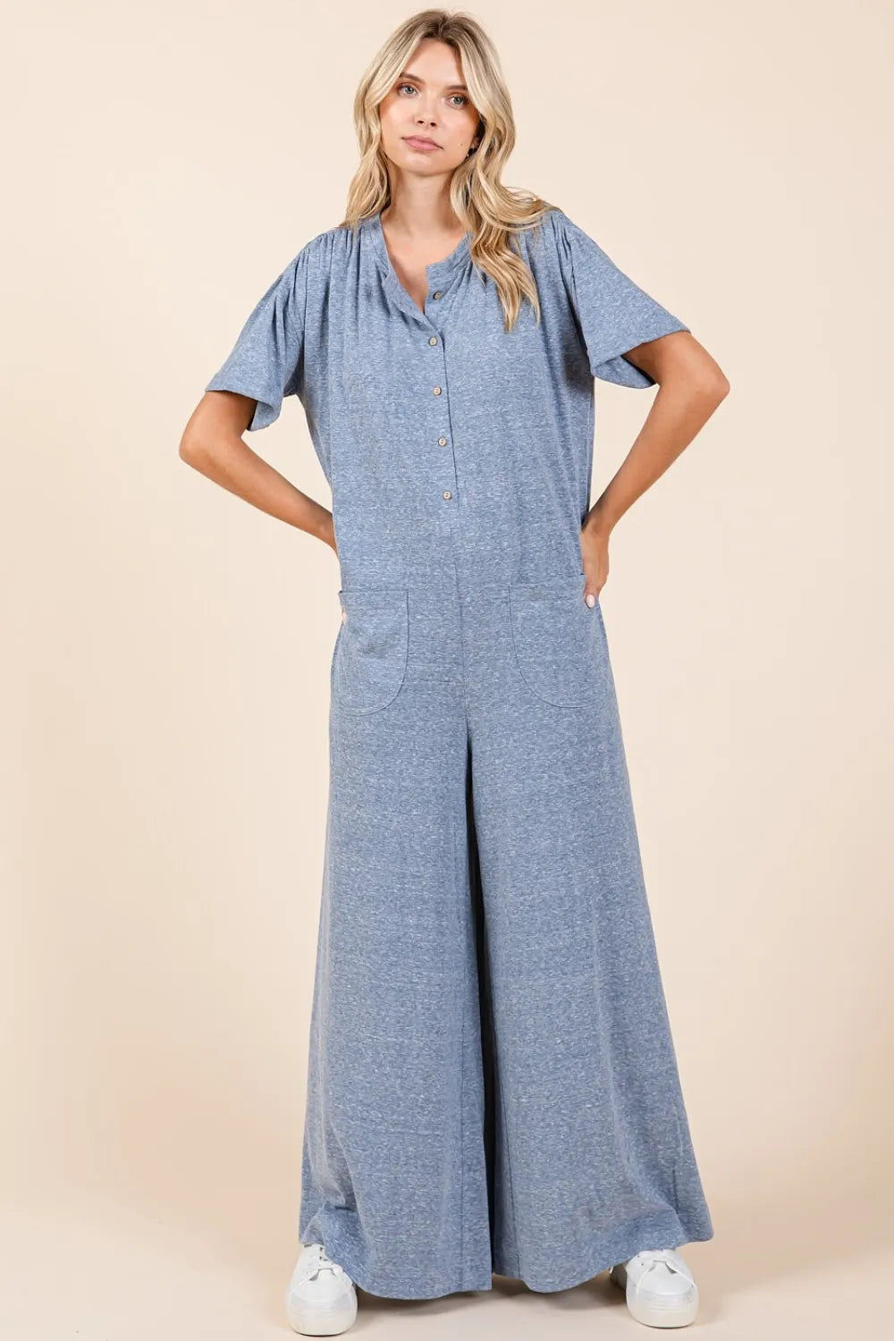 Mittoshop Button Detail Short Sleeve Wide Leg Jumpsuit