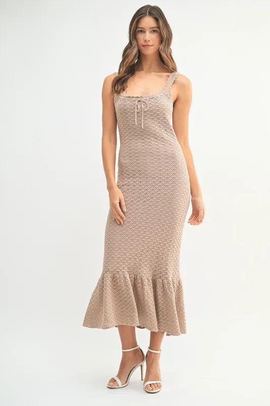 MABLE Ruffled Hem Sleeveless Crochet Knit Midi Dress