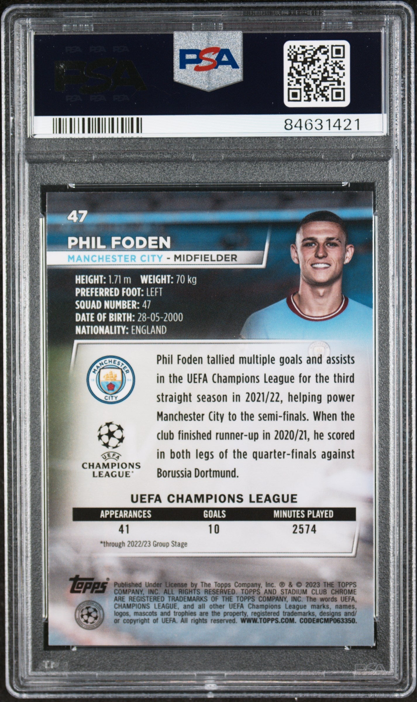 Graded 2022 Topps Stadium Chrome UCC Phil Foden #47 Blue Prism Soccer Card PSA 10 Gem Mint