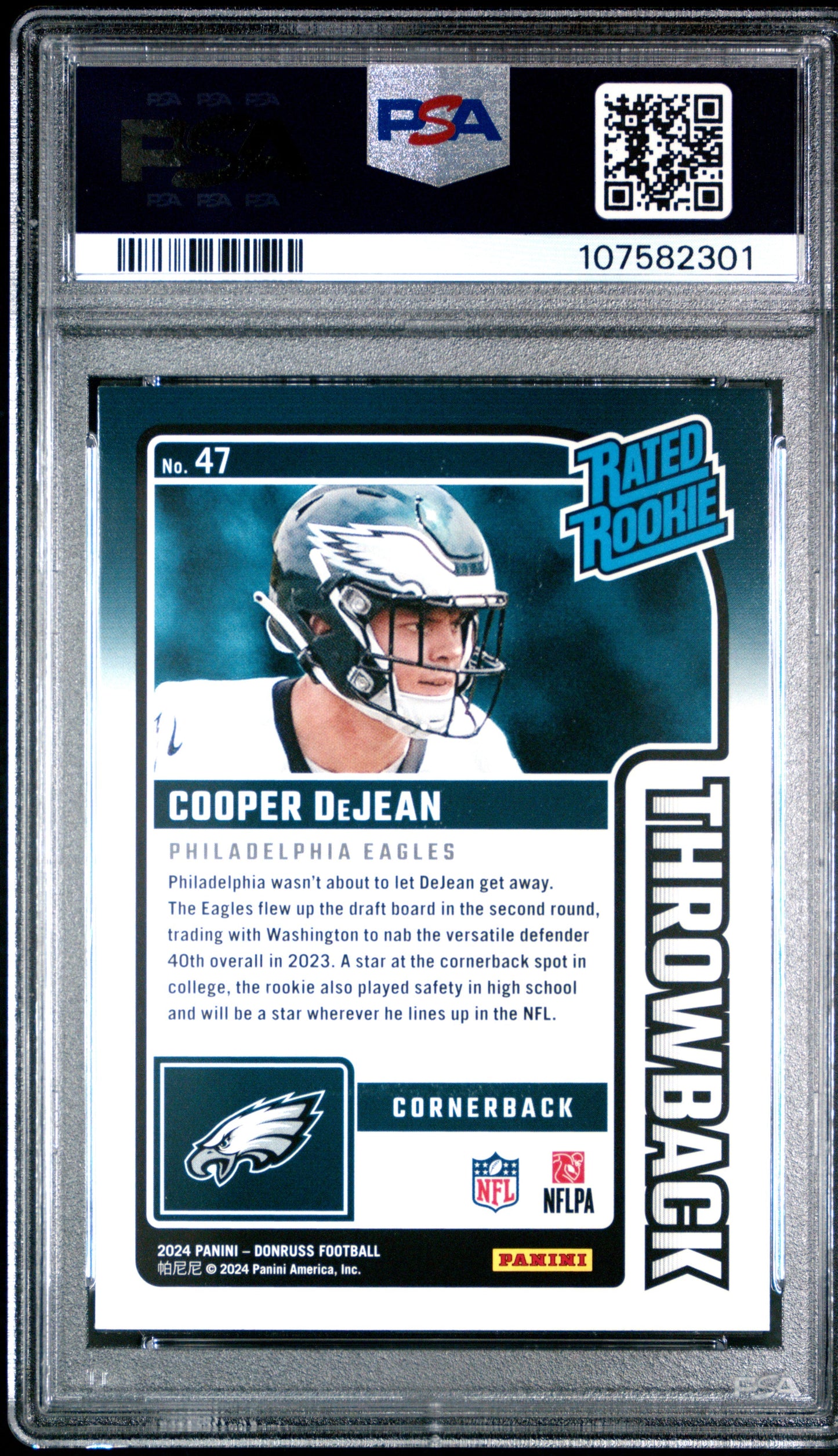 Graded 2024 Panini Donruss Cooper DeJean #47 Rated Rookies Throwback Rookie RC Football Card PSA 10 Gem Mint