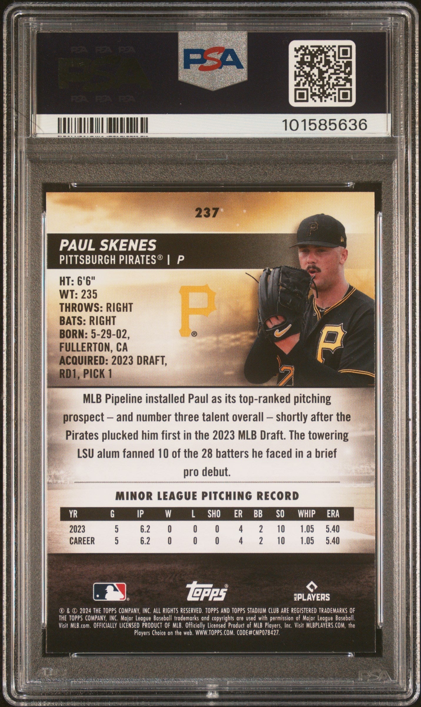 Graded 2024 Topps Stadium Club Paul Skenes #237 Rookie RC Baseball Card PSA 10 Gem Mint