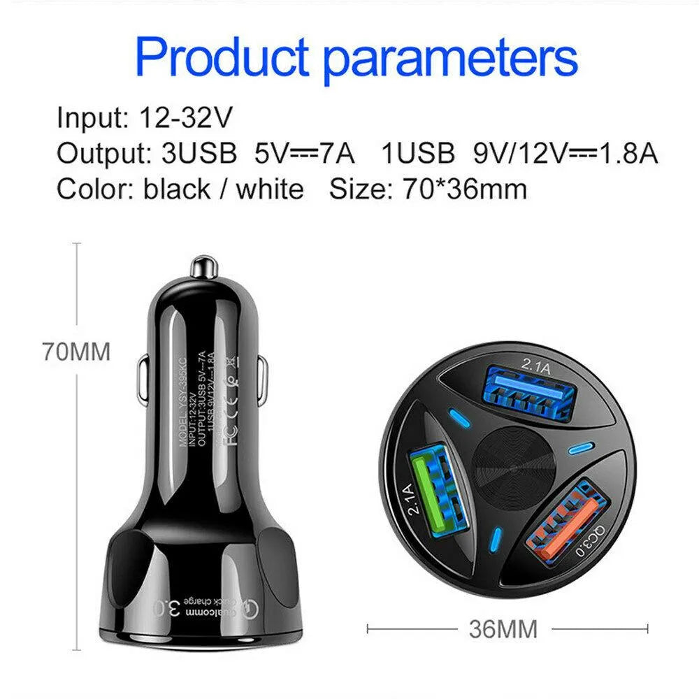 3 Port Fast LED White Car Charger + 3 in 1 Cable Combo Blue