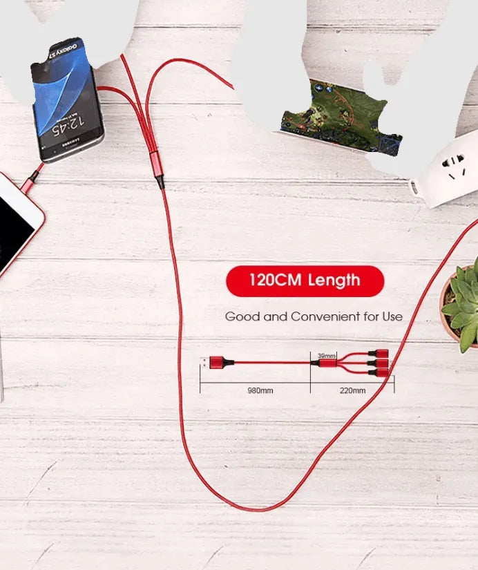 3 Port Fast LED White Car Charger + 3 in 1 Cable Combo Blue
