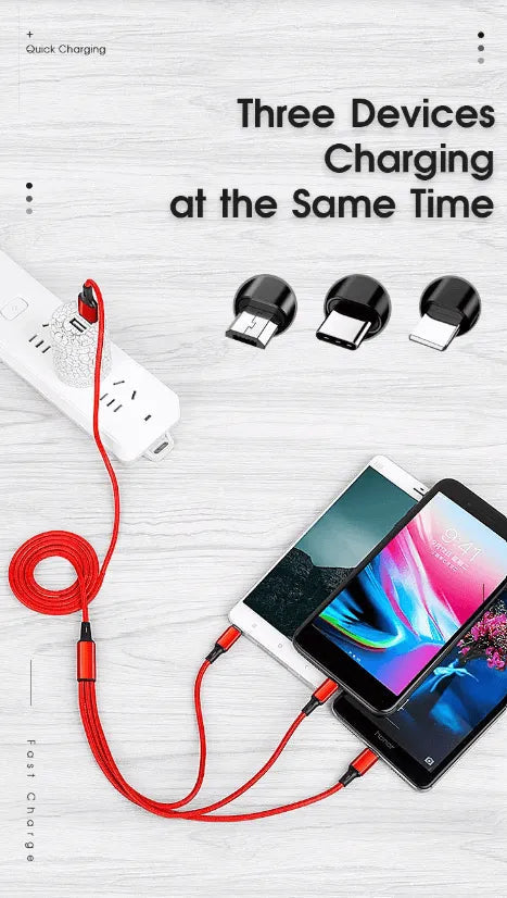 3 Port Fast LED White Car Charger + 3 in 1 Cable Combo Blue