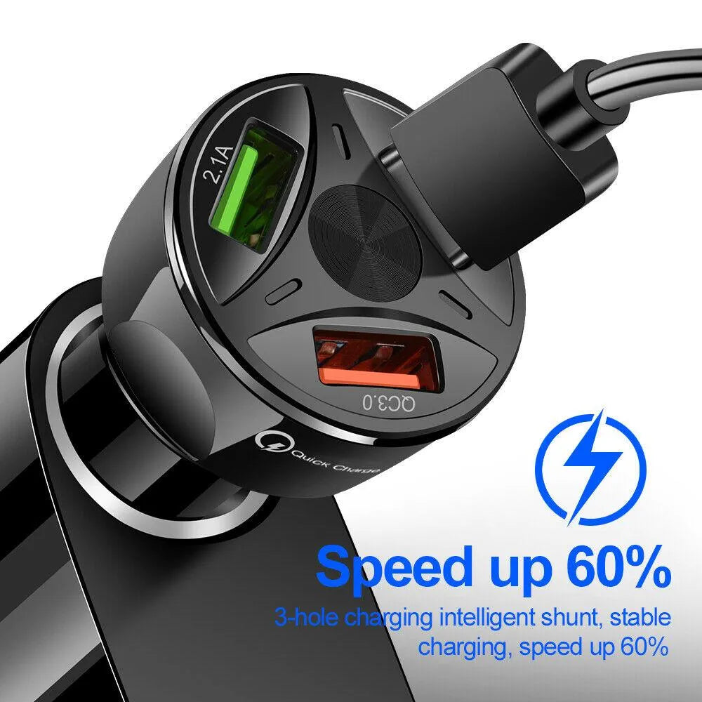3 Port Fast LED White Car Charger + 3 in 1 Cable Combo Blue