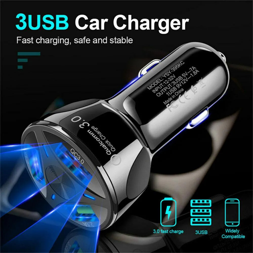 3 Port Fast LED White Car Charger + 3 in 1 Cable Combo Blue