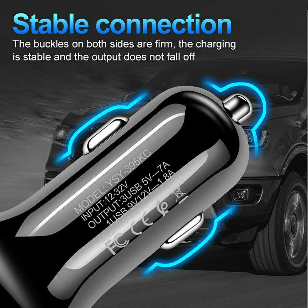 3 Port Fast LED White Car Charger + 3 in 1 Cable Combo Blue