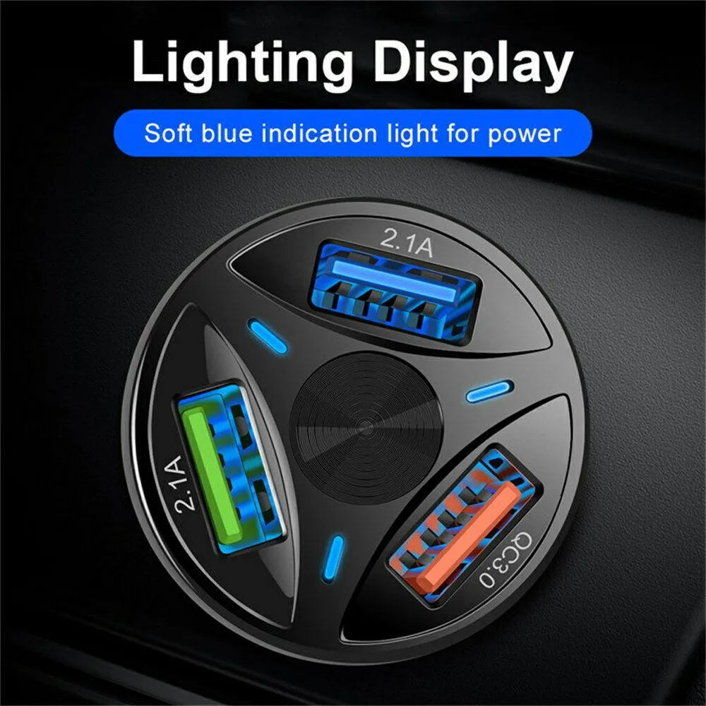 3 Port Fast LED White Car Charger + 3 in 1 Cable Combo Blue