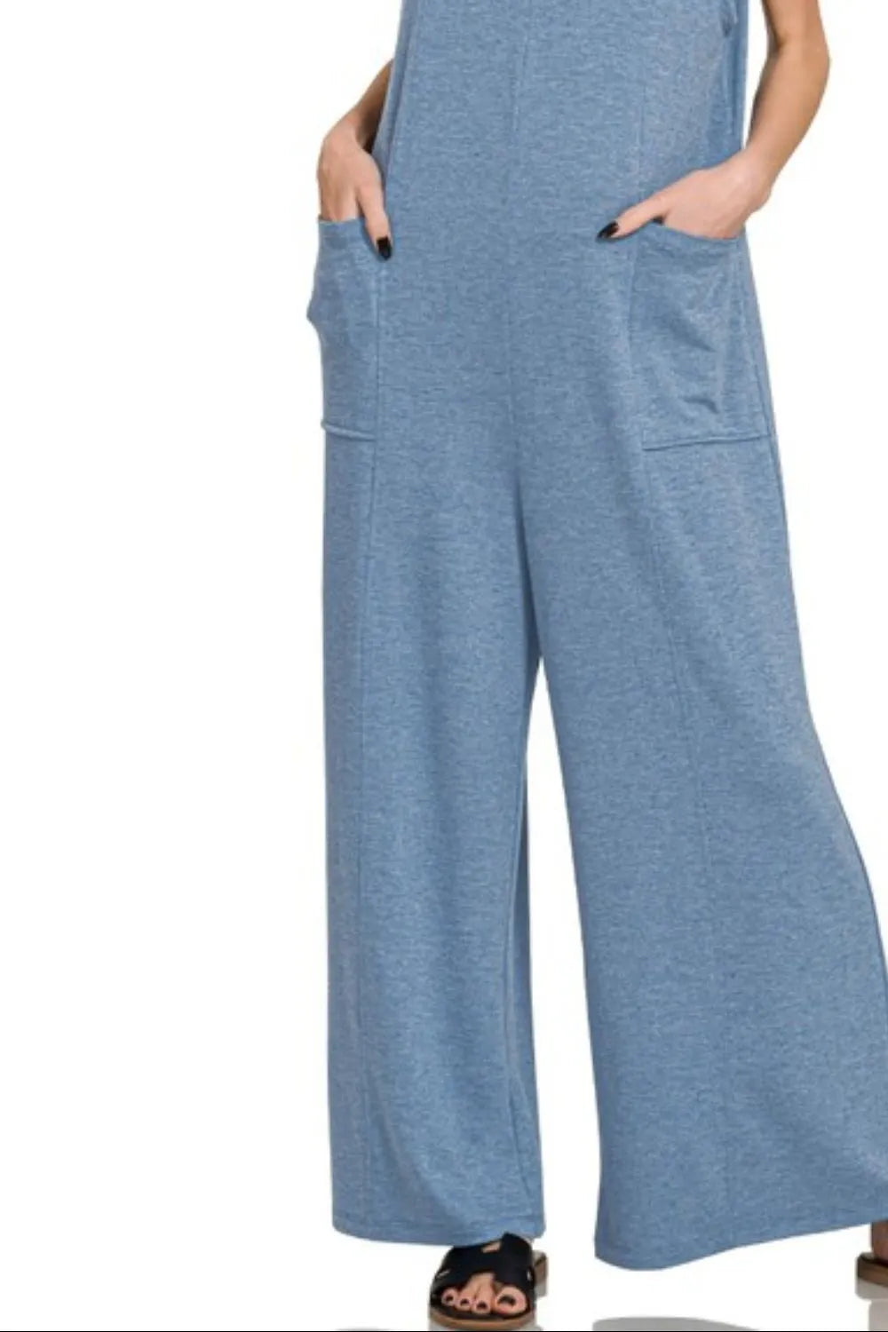 Zenana French Terry Deep V Neck Jumpsuits