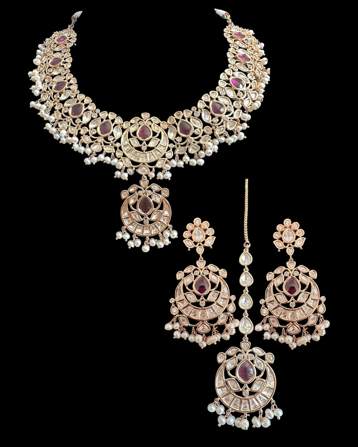 BR505 Zoyana Bridal necklace with earrings tika in fresh water pearls ( READY TO SHIP )
