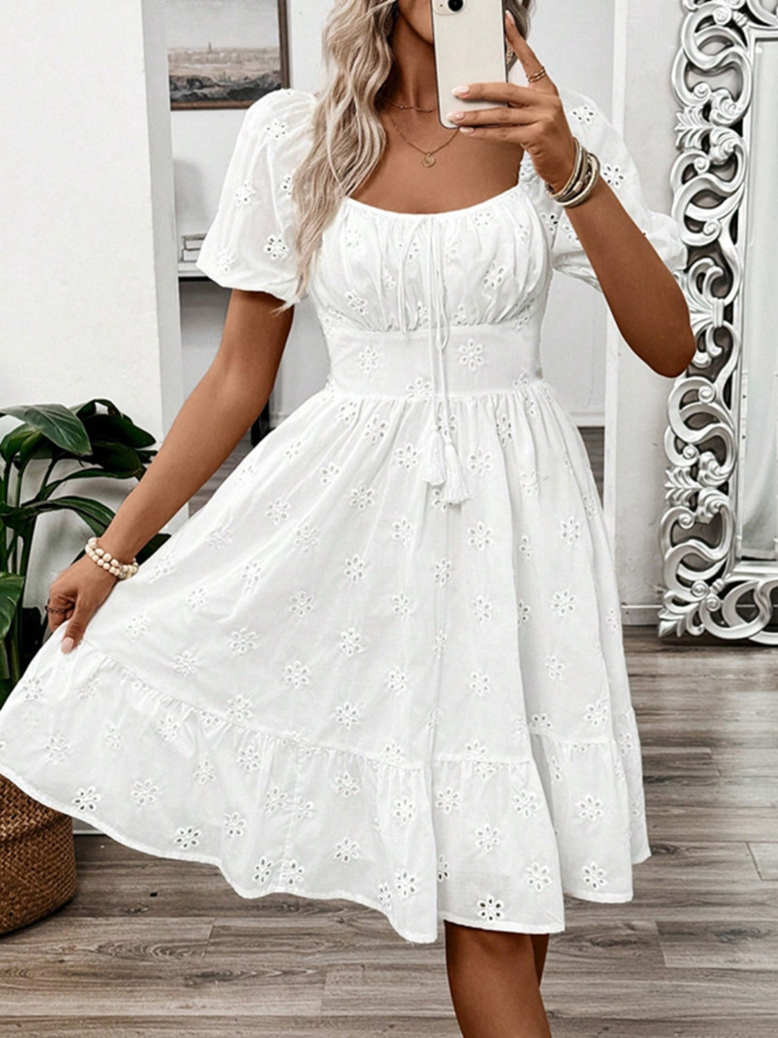 Smocked Eyelet Square Neck Puff Sleeve Mini Dress