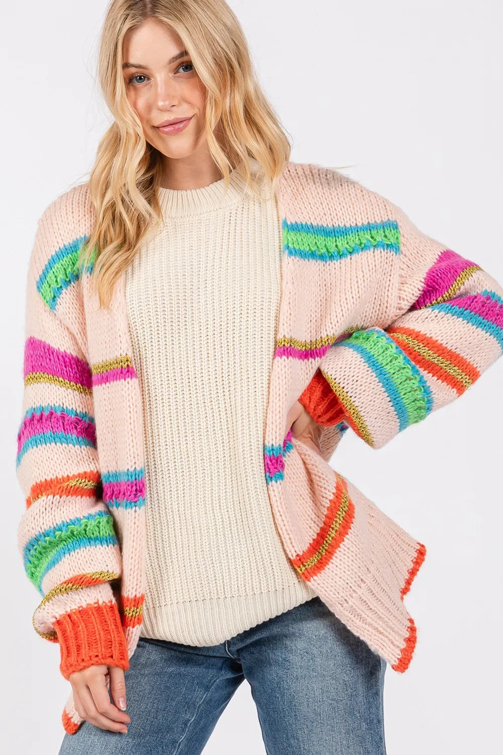 SAGE FIG Rainbow Striped Open Front Knit Cardigan