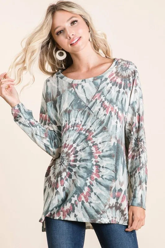 BiBi Tie Dye Terry Top with Contrast Stitching