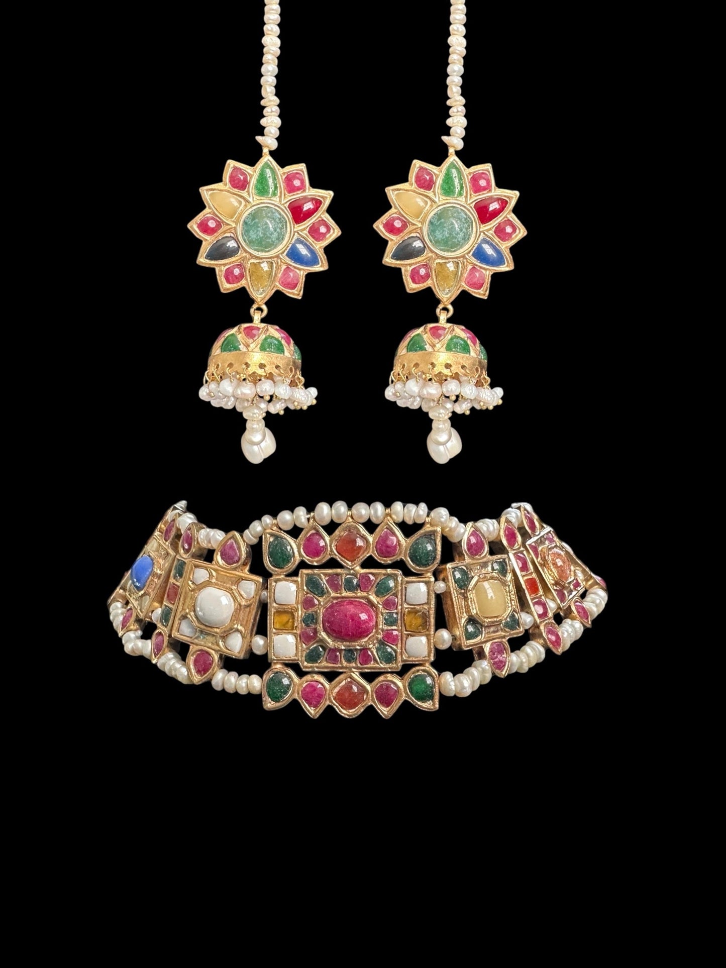 BR471 Naheed navratan bridal set with fresh water pearls and gemstones ( READY TO SHIP )