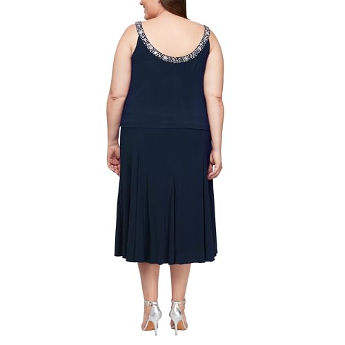 Alex Evenings Women's 2 Piece Tea Length Jacket Dress with Sequin Beaded Trim, Navy, 14