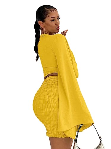 LYANER Women's 2 Piece Outfits Tie Knot Front Bell Long Sleeve Crop Top and Mini Skirt Set Yellow Large