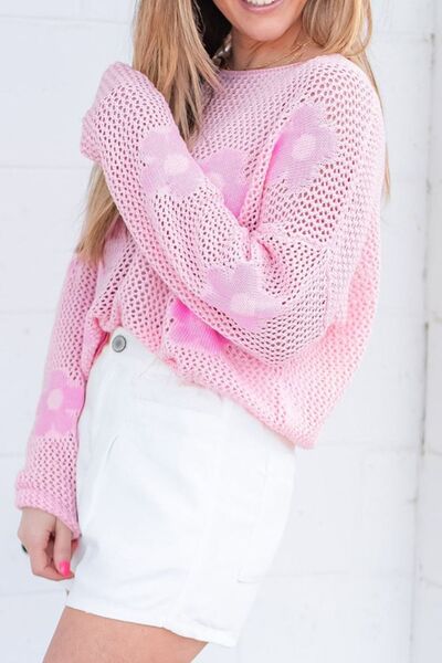 Openwork Round Neck Floral Knit Cover Up