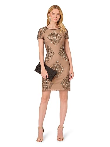 Adrianna Papell Women's Short Beaded Dress, Lead/Nude