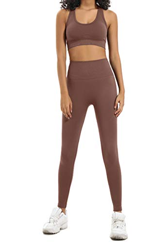 HAODIAN Women's Yoga Outfits 2 Piece High Waisted Leggings with Sports Bra Gym Clothes Sets(Brick Red,S)
