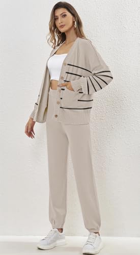 ETCYY NEW Women's 2 Piece Outfit Lounge Set Trendy Cardigan Sweater Pants Sets V Neck Button Pocket Knit Matching Loungewear (Striped Beige, M)