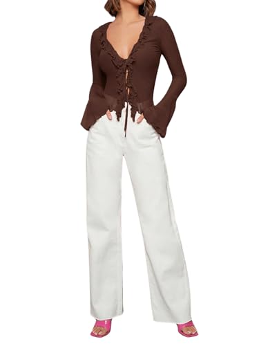 GORGLITTER Women's Vintage Tie Front Sheer Mesh Crop Top Ruffle Flare Long Sleeve Blouse Shirt Chocolate Brown Large