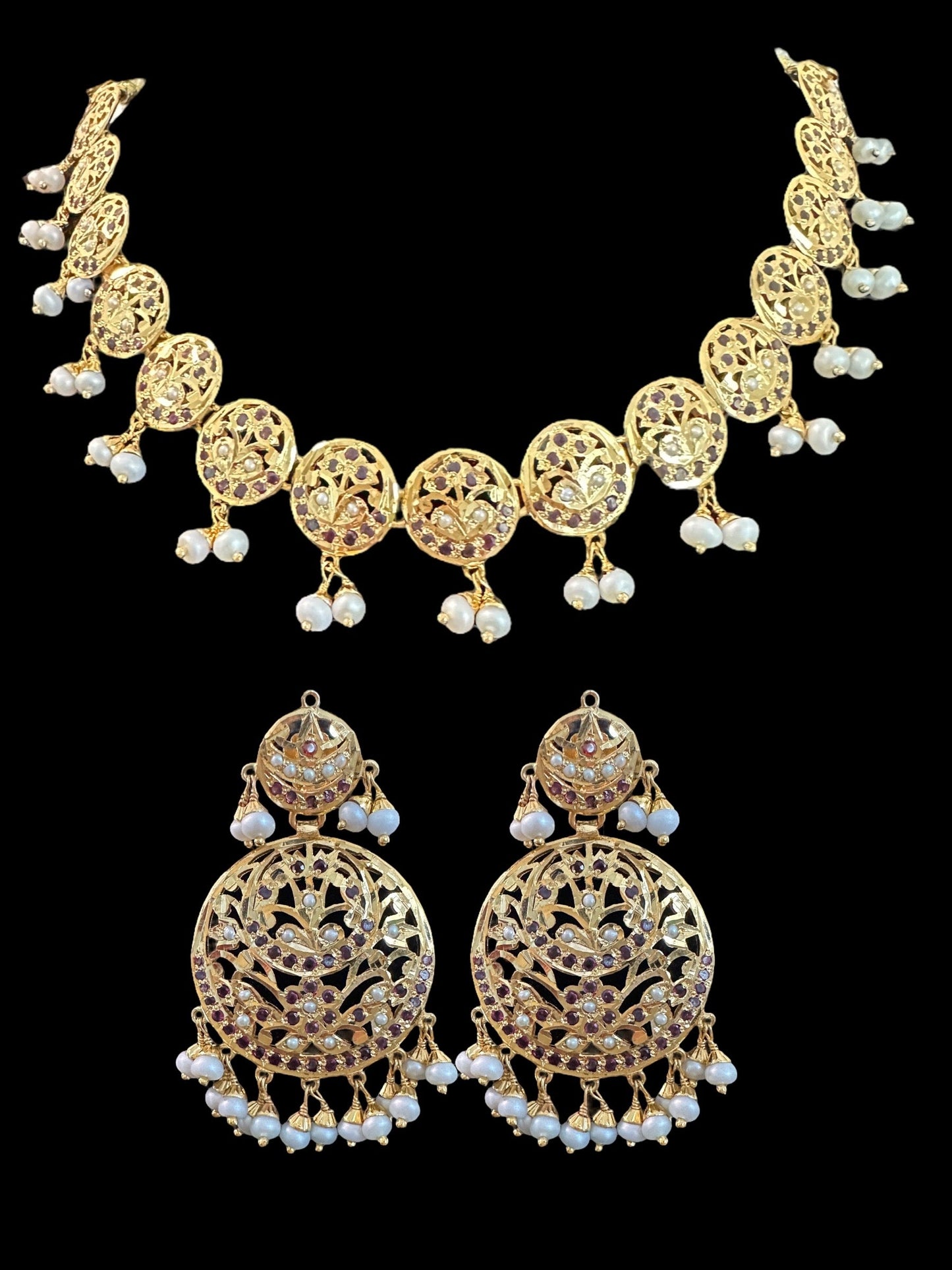 Garnet necklace set with fresh water pearls - gold plated silver ( READY TO SHIP )