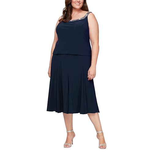 Alex Evenings Women's 2 Piece Tea Length Jacket Dress with Sequin Beaded Trim, Navy, 14
