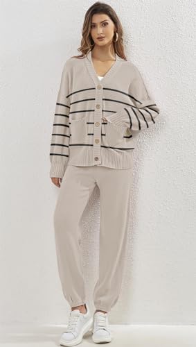 ETCYY NEW Women's 2 Piece Outfit Lounge Set Trendy Cardigan Sweater Pants Sets V Neck Button Pocket Knit Matching Loungewear (Striped Beige, M)